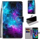 Voor LG K20 (2019) Gekleurde tekening Cross Texture Horizontale Flip PU lederen hoes met houder & kaartsleuven & portemonnee & lanyard (paarsgroene sterrenhemel)