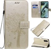 Voor OPPO Find X2 Tree & Cat Pattern Pressed Printing Horizontale Flip PU Leather Case met houder & kaartsleuven & portemonnee & Lanyard (goud)