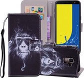 Chimpansee-patroon Gekleurde tekening Horizontale lederen flip-hoes voor Galaxy J6 (EU-versie) (2018), met houder en kaartsleuven en portemonnee en draagkoord