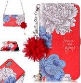 Voor iPhone X / XS Rode Achtergrond Chrysant Patroon Horizontale Flip Leren Case met Houder & Kaartsleuven & Parel Bloem Ornament & Ketting