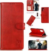 Voor Galaxy A41 reliëf Happy Cat-patroon horizontale flip lederen tas met houder & kaartsleuven en portemonnee (rood)