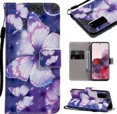 Voor Galaxy S20 3D schilderij horizontale flip lederen tas met houder & kaartsleuf & lanyard (paarse vlinders)