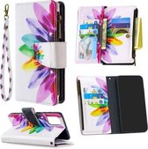 Voor Samsung Galaxy A71 Gekleurde Tekening Patroon Rits Horizontale Flip Leren Case met Houder & Kaartsleuven & Portemonnee (Zon Bloem)