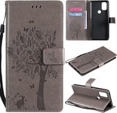 Voor OnePlus Nord N10 5G Tree & Cat Pattern Pressed Printing Horizontale Flip PU lederen hoes met houder & kaartsleuven & portemonnee & lanyard (grijs)