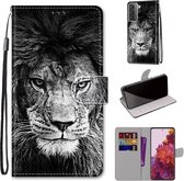 Voor Samsung Galaxy S21 5G Gekleurde Tekening Cross Textuur Horizontale Flip PU Lederen Case met Houder & Kaartsleuven & Portemonnee & Lanyard (Zwart-witte Leeuwenkop)