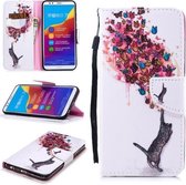 Voor Huawei Honor 7C Gekleurde Tekening Patroon Horizontale Flip TPU + PU Lederen Case met Houder & Kaartsleuven & Portemonnee & Lanyard (Kat en Vlinders)