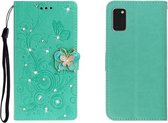 Voor Galaxy A41 horizontale strass vlinder reliëf lederen tas met kaartsleuf & portemonnee & houder (groen)