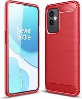 Voor OnePlus 9 TPU Case met geborstelde textuur koolstofvezel (rood)