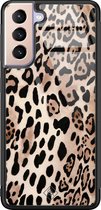 Samsung S21 Plus hoesje glass - Luipaard print bruin | Samsung Galaxy S21 Plus  case | Hardcase backcover zwart