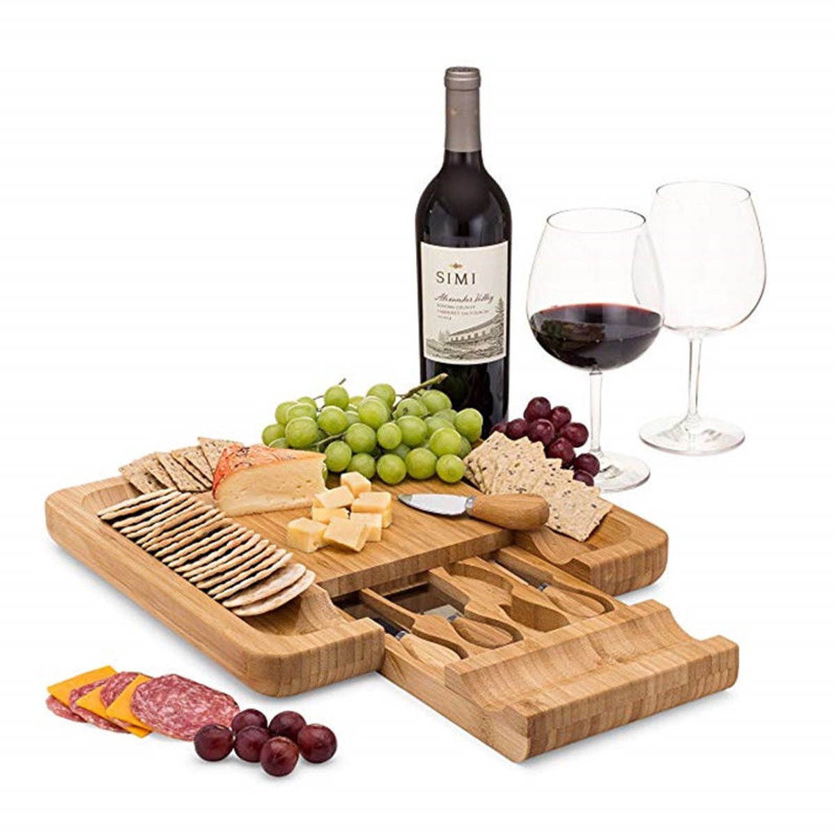 Bamboe Kaasplank met Lade & Inclusief 4 Kaas messen - Kaas plankje - Serveerplank hout - Serveerplank voor kaas — cadeau in Kookcadeaus - foto 3