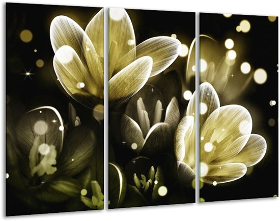 Glasschilderij Bloem - Geel, Groen - 120x80cm 3Luik - Foto Op Glas - Geen Acrylglas Schilderij - GroepArt 6000+ Glas Art Collectie - Maatwerk Mogelijk