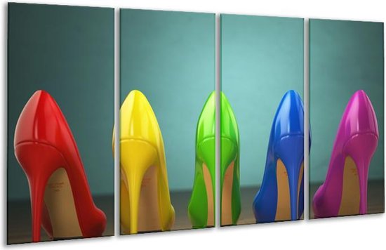 GroepArt - Glasschilderij - Schoenen, Vrouw - Groen, Blauw, Rood - 160x80cm 4Luik - Foto Op Glas - Geen Acrylglas Schilderij - 6000+ Glasschilderijen Collectie - Wanddecoratie