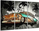 Glasschilderij Oldtimer, Auto - Zwart, Wit, Oranje - 120x80cm 3Luik - Foto Op Glas - Geen Acrylglas Schilderij - GroepArt 6000+ Glas Art Collectie - Maatwerk Mogelijk