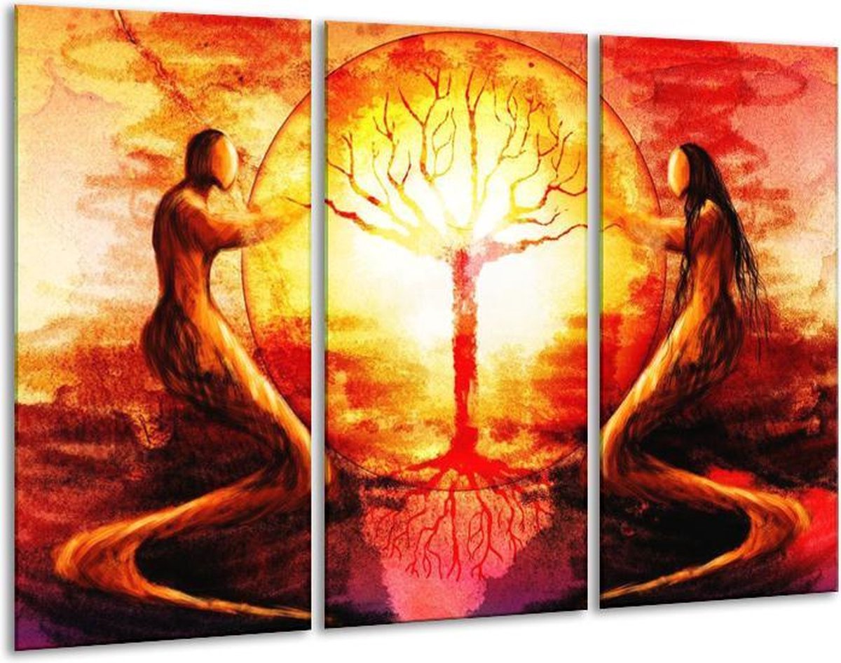 Glasschilderij Engel - Geel, Oranje, Rood - 120x80cm 3Luik - Foto Op Glas - Geen Acrylglas