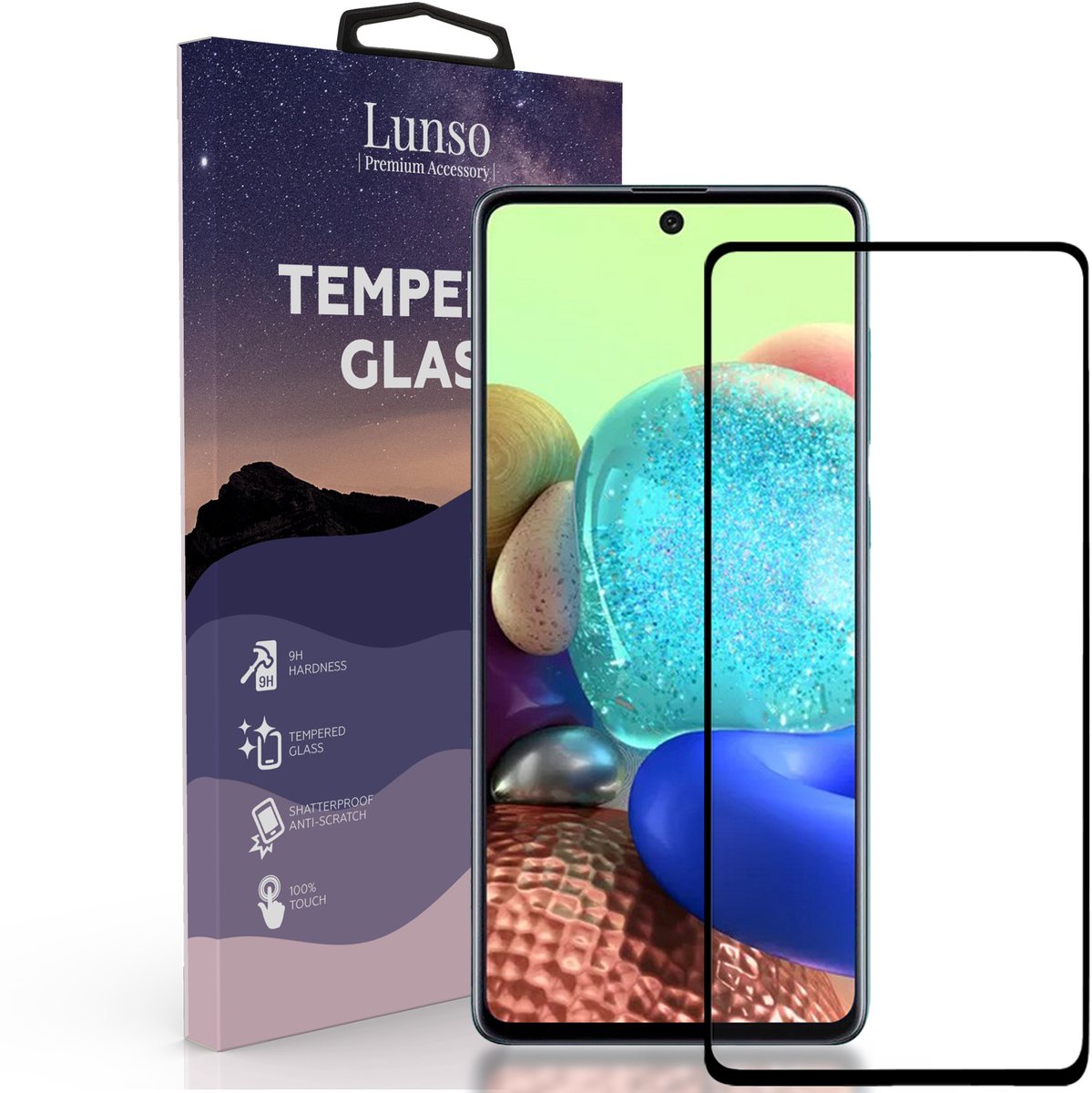 Lunso - Geschikt voor Samsung Galaxy A72 - Gehard Beschermglas - Full Cover Screenprotector - Black Edge