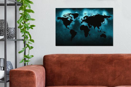Carte du monde noire sur fond sombre aux couleurs bleues 90x60 cm