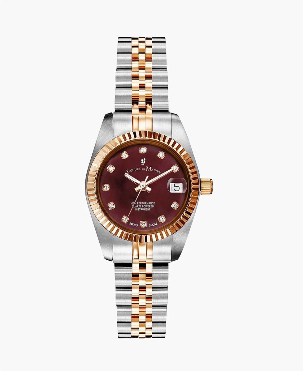 Jacques du Manoir Dames Horloge NRO.44 Staal Bi-color Rosé met Burgundy Wijzerplaat en Zirkonia 26mm