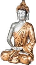 Boeddha beeld voor binnen zilver/goud 35 cm - Boeddha beeldjes voor binnen gebruik