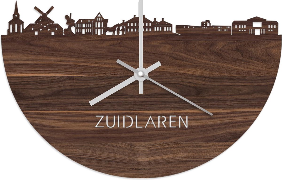 Skyline Klok Zuidlaren Notenhout - Ø 40 cm - Stil uurwerk - Wanddecoratie - Meer steden beschikbaar - Woonkamer idee - Woondecoratie - City Art - Steden kunst - Cadeau voor hem - Cadeau voor haar - Jubileum - Trouwerij - Housewarming - WoodWideCities