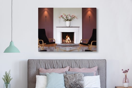 Une cheminée dans un salon 160x120 cm - Tirage photo sur toile (Décoration murale salon / chambre) XXL / Grand format!