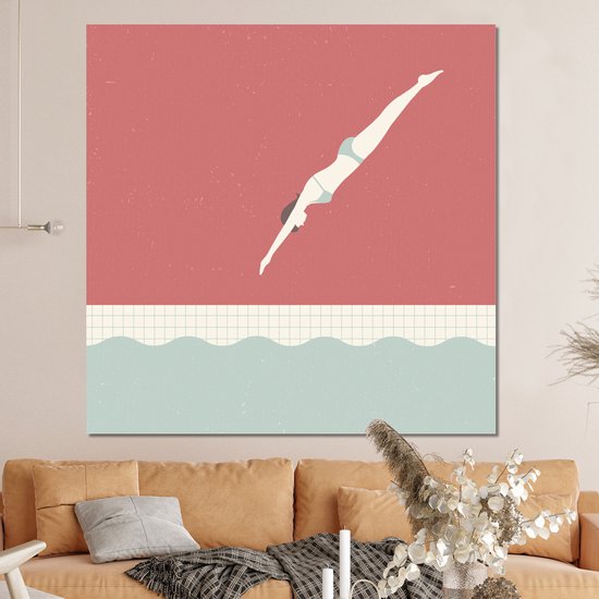 Une illustration d'une femme plongeant en nageant sur toile 160x120 cm - Tirage photo sur toile (Décoration murale salon / chambre) XXL / Groot format!