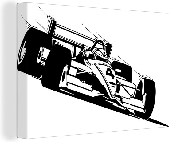 Canvas Schilderij Zwart-wit illustratie van een race auto op een helling - 60x40 cm - Wanddecoratie