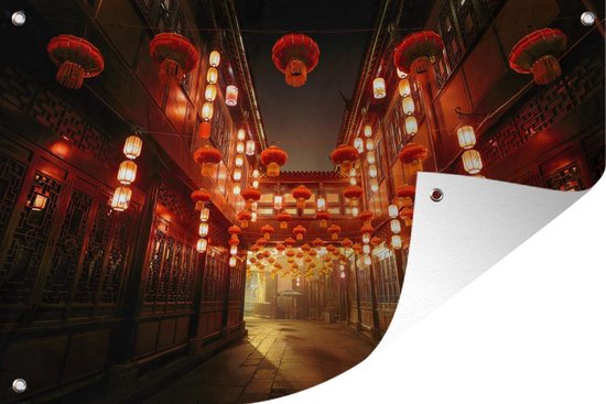 Tuindecoratie Chinese straat met lampionnen - 60x40 cm - Tuinposter - Tuindoek - Buitenposter