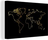 Canvas Wereldkaart - 60x40 - Wanddecoratie Gouden wereldkaart op een zwarte achtergrond