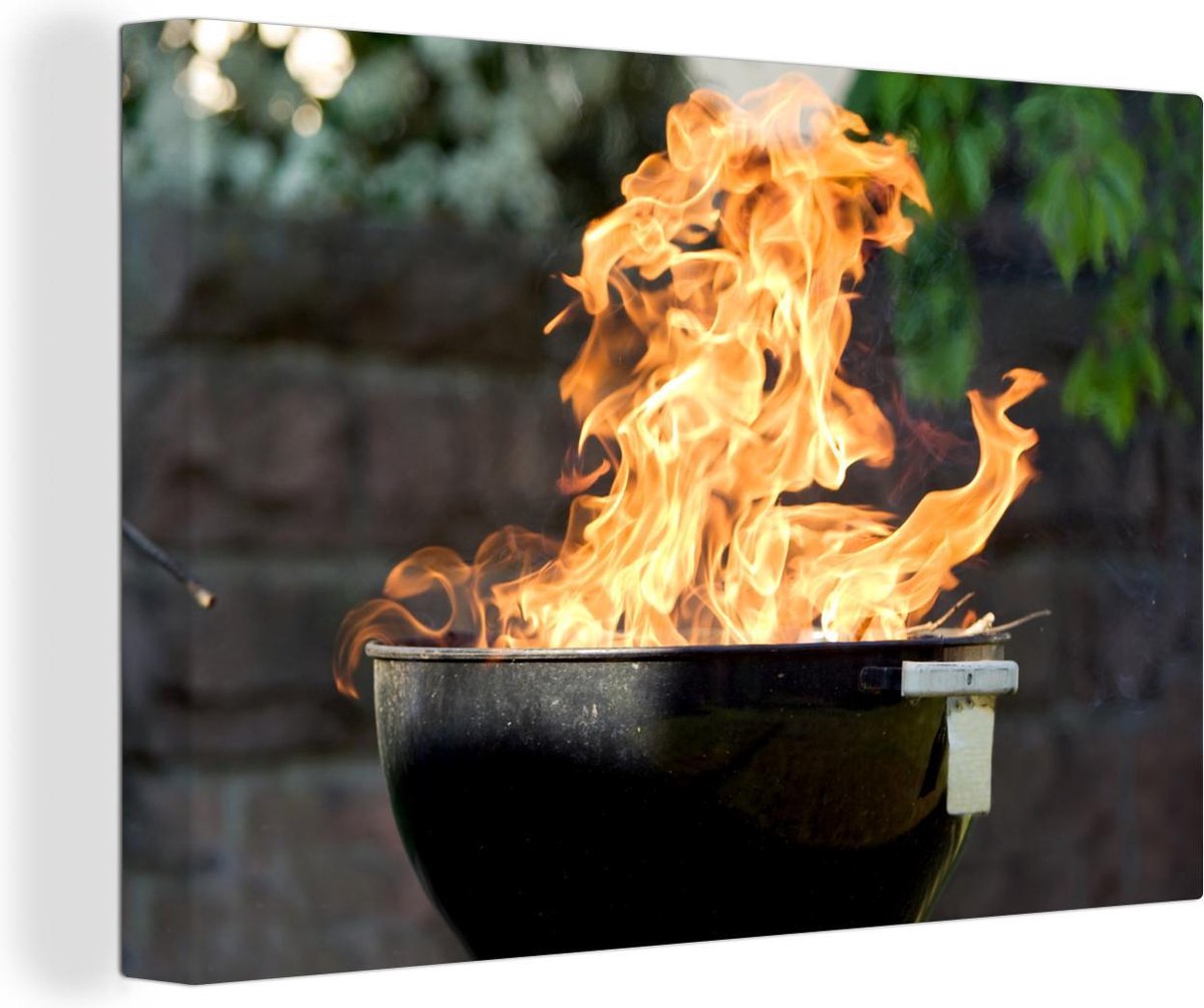 Canvas schilderij 140x90 cm - Wanddecoratie BBQ - Vuur - Buiten - Muurdecoratie woonkamer 