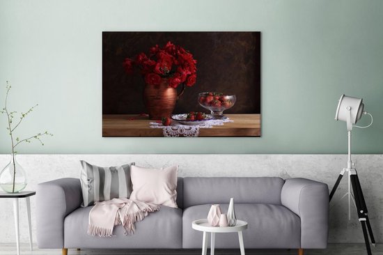 Peintures sur Toile - Nature Morte - Roses - Fraises - 140x90 cm - Décoration murale
