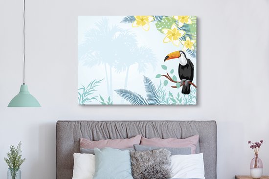 Une illustration de plantes tropicales avec une toile toucan 160x120 cm - Tirage photo sur toile (Décoration murale salon / chambre) XXL / Groot format!