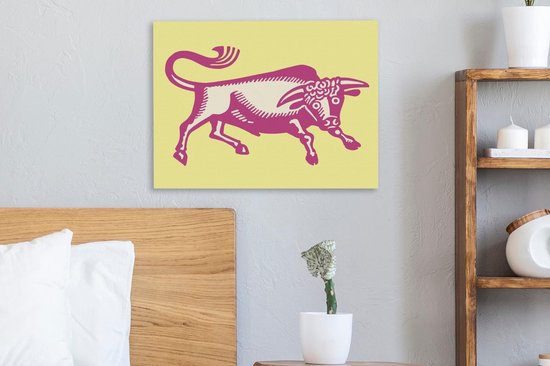 Une illustration d'un taureau rose sur toile 40x30 cm - petit - Tirage photo sur toile (Décoration murale salon / chambre) / Peintures sur toile Animaux de la ferme