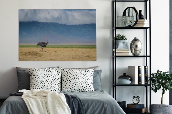 Autruche au milieu de la savanne du cratère du Ngorongoro en Tanzanie Toile 140x90 cm - Tirage photo sur toile (Décoration murale salon / chambre)