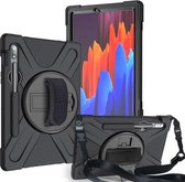 Voor Samsung Galaxy Tab S7 (2020) T870 Schokbestendig Kleurrijk Siliconen + PC Beschermhoes met Houder & Schouderriem & Handriem & Pengleuf (Zwart)