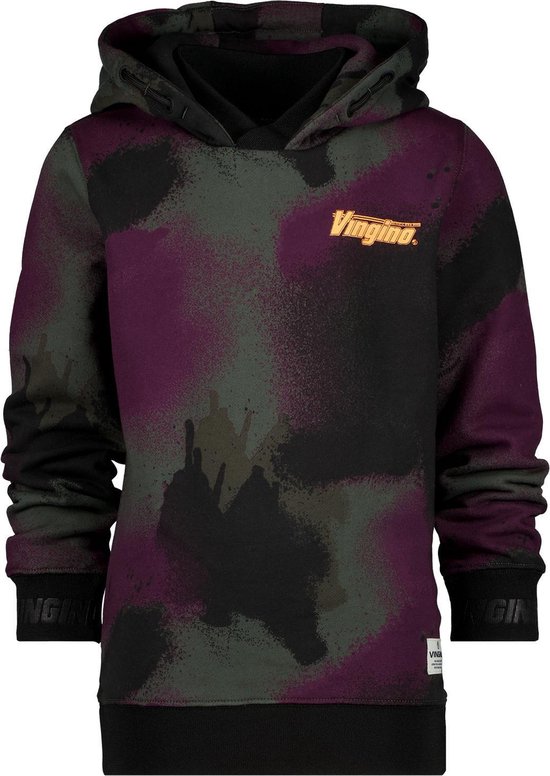 Paarse en zwarte hoodie met Vingino-logo in oranje, uitgevoerd in een spray-paint camo design.