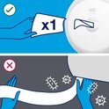 Illustratie: links een hand die een vel papier pakt, rechts een rolhouder. Zonder bacteriën vs. met bacteriën.