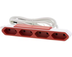 Allocacoc PowerBar EU - 1.5 meter kabel - platte stekkerdoos - Wit/Rood - geschikt voor 4 niet geaarde Euro stekkers