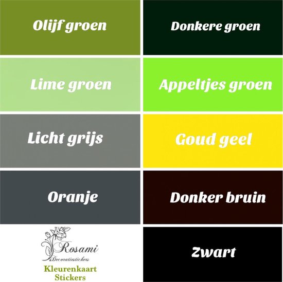 Kleurenkaart met diverse groentinten, grijstinten, oranje, bruin en zwart.
