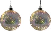 2x stuks verlichte glazen kerstballen met 10 lampjes transparant parelmoer 12 cm - Decoratie kerstballen met licht