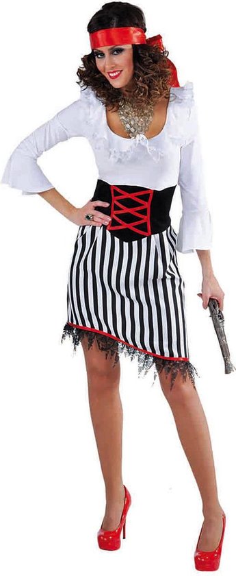 Piraat dame jurk met witte bovenstuk en zwart wit gestreepte rok