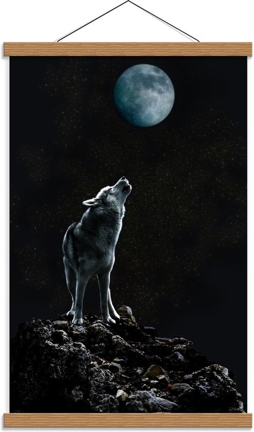 Schoolplaat – Huilende Wolf bij Maan op Rots - 40x60cm Foto op Textielposter (Wanddecoratie op Schoolplaat)