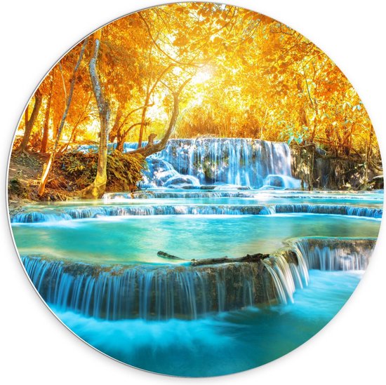 Forex Wandcirkel - Blauwe Lichtgevende Waterval in Goud Bos - 70x70cm Foto op Wandcirkel (met ophangsysteem)