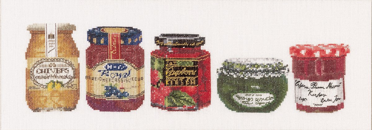 Thea Gouverneur - Borduurpakket met telpatroon - 3047 - Voorgesorteerde DMC Garens - Jampotjes - Linnen - 13 cm x 36 cm - DIY Kit