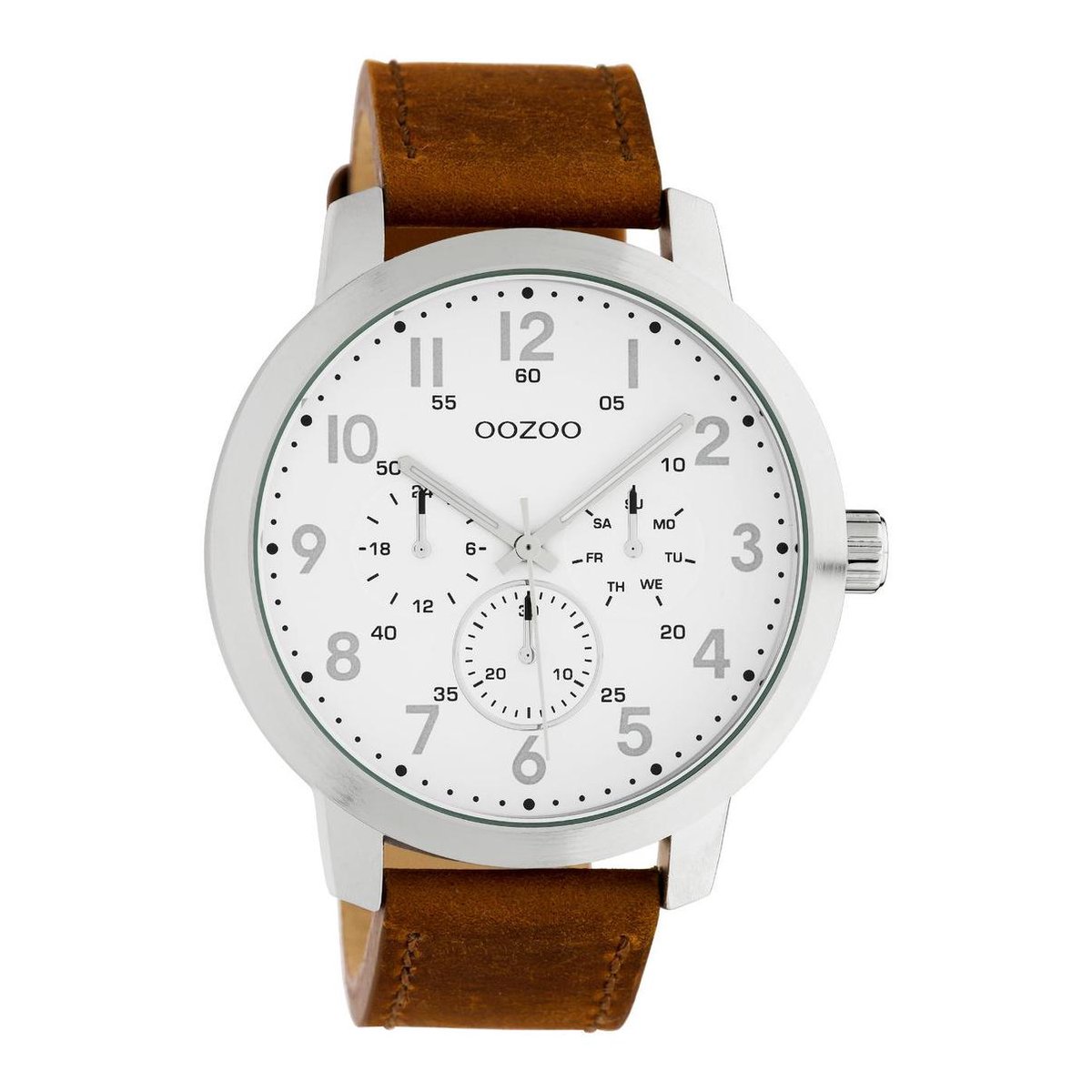 OOZOO Timepieces - zilverkleurige horloge met bruine leren band - C10505 - Ø45
