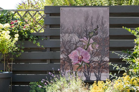 Une illustration hivernale d'une affiche de jardin orchidée rose 80x120 cm - Toile de jardin / Toile d'extérieur / Peintures d'extérieur (décoration de jardin)