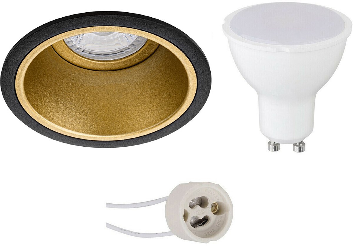 GU10 Inbouwspot Set - Mat Zwart/Goud - Inbouw Rond - Verdiept - Pragmi Minko Pro - 4W - Warm Wit 3000K - Ø90mm