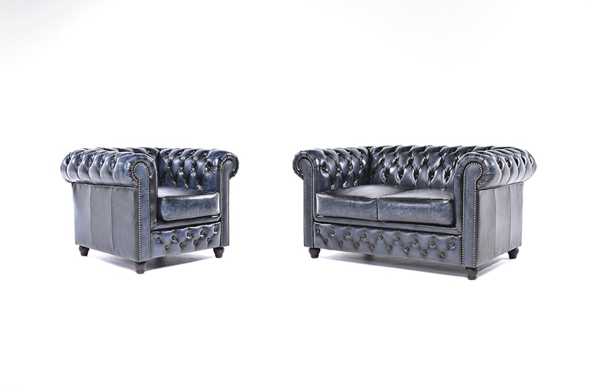 Chesterfield Bank Original Leer | 1 + 2 zits | Antiek Blauw| 12 jaar garantie