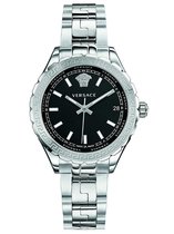 Zilverkleurig Versace horloge met zwarte wijzerplaat en Medusa-logo.