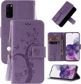 Voor Samsung Galaxy S20 Reliëf Lucky Tree Horizontale Flip Lederen Case met Houder & Kaartsleuf & Portemonnee & Lanyard (Paars)