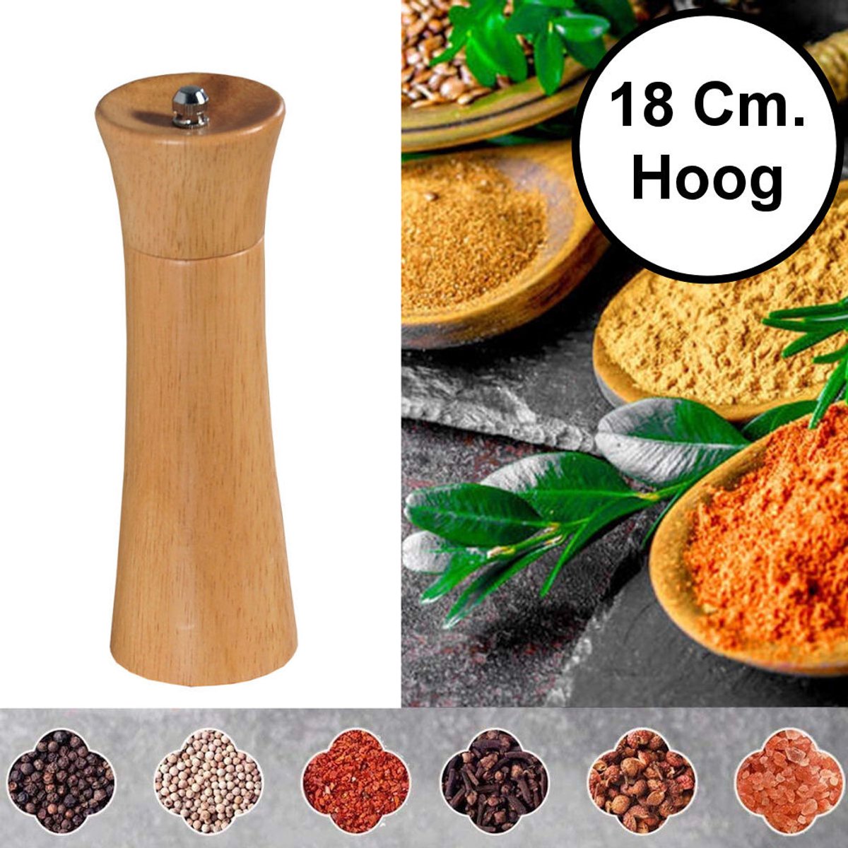 Pepermolen Rubberhout - Ø5.8 Hoogte: 18 Cm - Zoutmolen en kruidenmolen - Peper / Zout / Kruiden molen - Keramisch maalwerk - 18 Cm